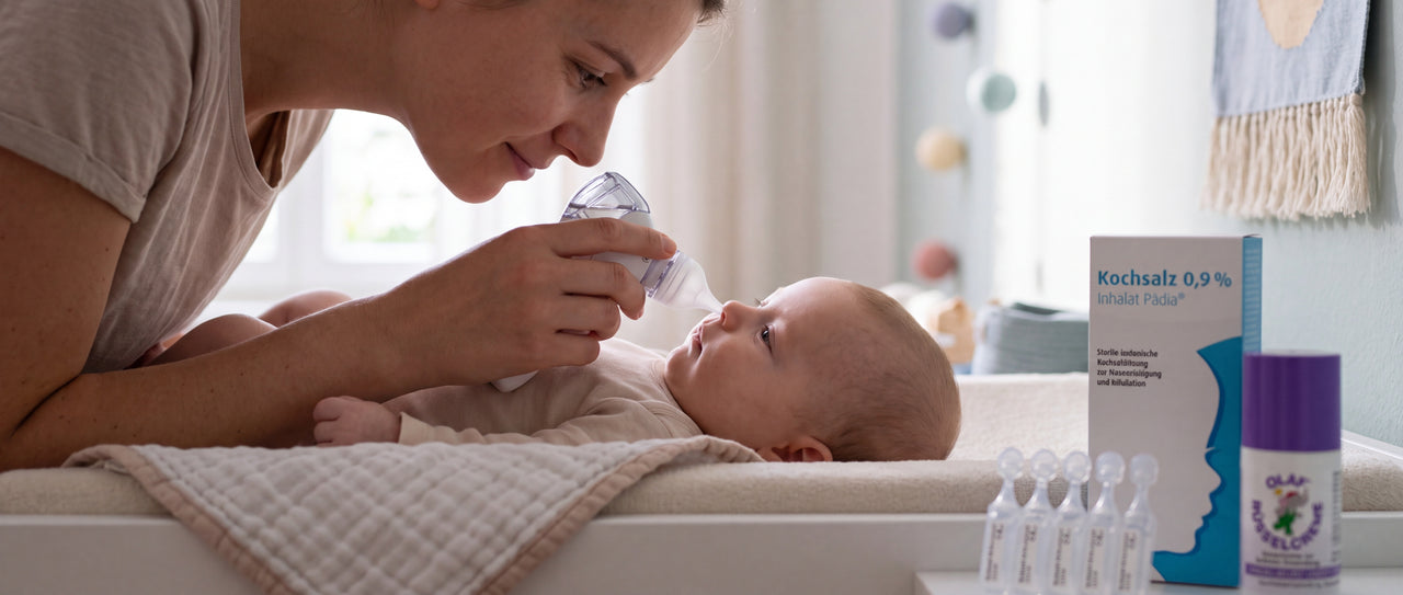 Mutter befeuchtet die verstopfte Nase ihres Babys mit Kochsalz 0,9% Inhalat Pädia auf der Wickelkommode