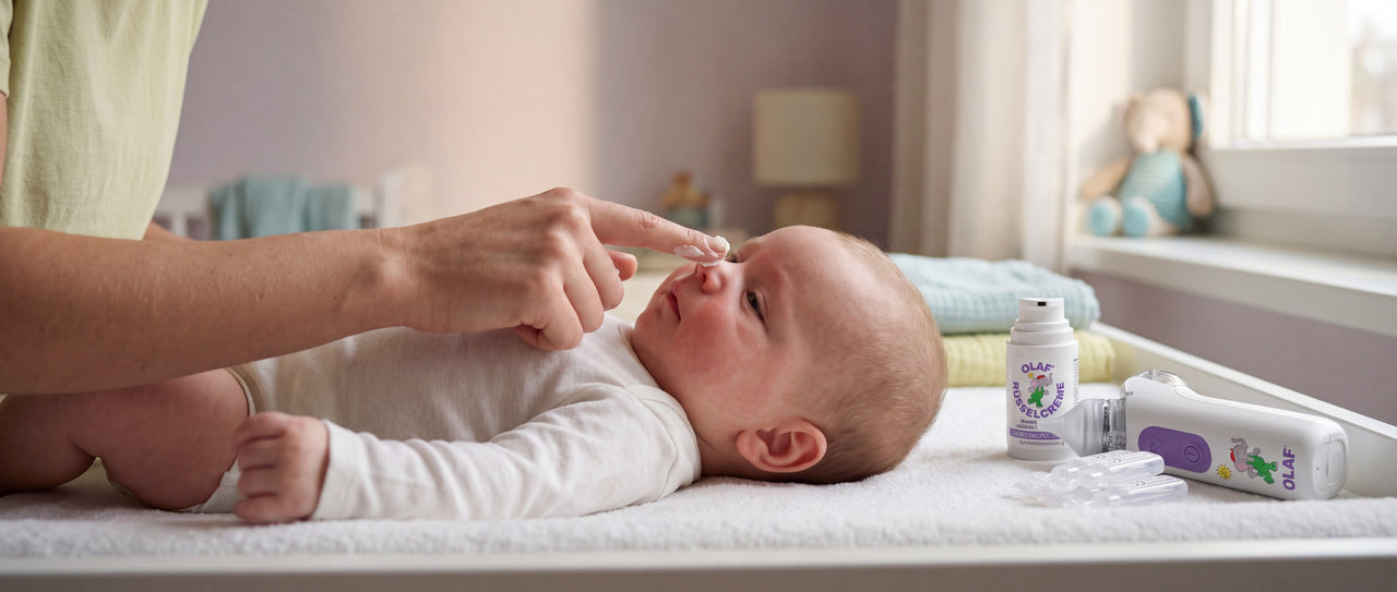 Elternteil trägt OLAF Rüsselcreme auf die Nase eines liegenden Babys auf, daneben OLAF Nasenpflegeprodukte auf der Wickelunte
