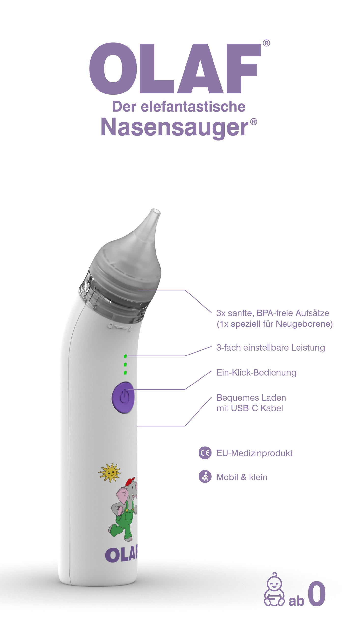 Produktfoto OLAF® Nasensauger USB mit Beschreibung Funktion & Zubehör