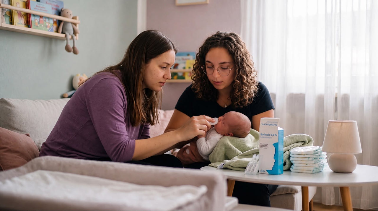 Hebamme zeigt Mutter, wie man die Nase eines Neugeborenen mit Kochsalzlösung reinigt, im gemütlichen Babyzimmer